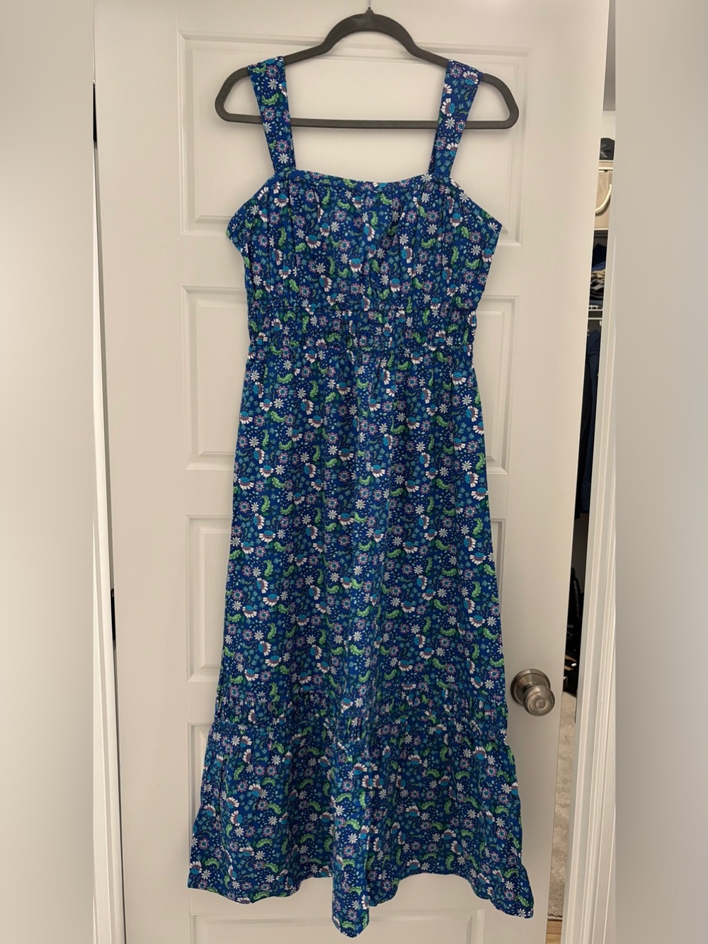 LOFT Blue Floral Tiered Dress with Smocked Yoke